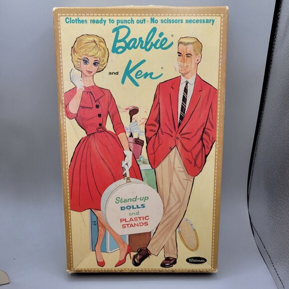 1963 Barbie Ken Stand-Up Paper Dolls Plastic Stands Clothes Whitman - Picture 2 of 12